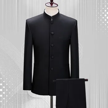 Stand Krae 2 Tükki Meeste Ülikonnad Slim Fit Ühe Karavan Kaetud Nuppu Groomsmen Pulm Kostüümid Kohandatud(Pintsak+Püksid)