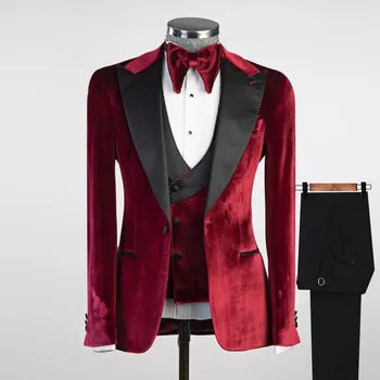 Elegantne Burgundia Pulm Kostüümid Meeste Slim Fit Must Satiin Silt Peigmees Tuxedos Custom Made 3 Tükki Ametlik Õhtusöök Tanssiaiset Kleit