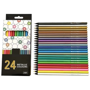 24 Loota Metallik Värvilised Pliiatsid Assortii Värvimine Pencil Set Puidust Joonis Pliiatsid Lastele Kunst, Joonistamine, Värvimine Raamat