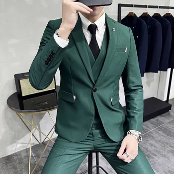 ( Pintsak + Vest + Püksid ) High-end korea Stiilis Õhuke Villane Meeste Ülikond Roheline Tahke Värvi pulmakleit Peigmees Kolme-osaline Komplekti