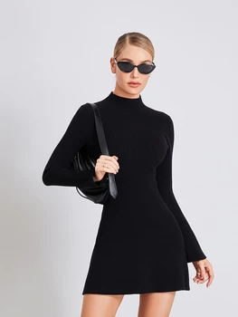 CHQCDarlys Naiste s Kuulu Pika Varrukaga Pullover Kampsun Kleit Bodycon kõrge kaelusega (Solid Color Talve Vabaaja Koo Lühike Kleit