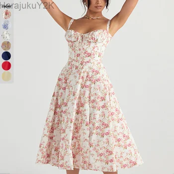 Elegantne Vintage Õie Printida Midi Kleidid, Seksikas Tagasi Lace Up Rüü Mood Talu Poole Rõivad Naiste Suvine Pikk Kleit