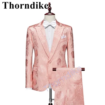 Thorndike Mehed Roosa Lilleline Ülikond 2 Töö Sobiks Jope & Püksid Sätestatud Luksuslik Jacquard Fabric Pulmad Peigmehe Smoking Ülikond Meeste Kostüüm