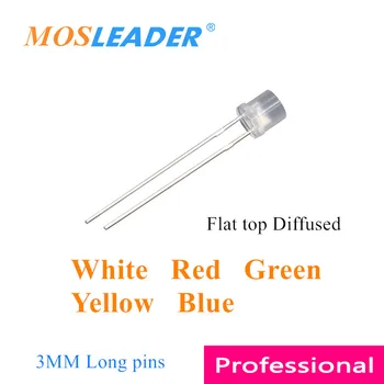 Mosleader 1000pcs 3mm Korter top Hajutatud LED Valge Punane Roheline Kollane Sinine Pikad sõrmed F3 Ülalt korter DIP LED Hiina