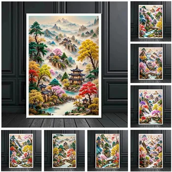 Abstraktne Hiina Maastik Lõuendile Maali Seina Art Vintage Mägi Juga Maastik Plakati Printimine Elutuba Home Decor