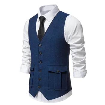 Vintage Blue Kalasaba Tweed Ülikonna Vest Meeste 2023 Brändi Elegantne Varrukateta Vest Meeste Vest Business Casual Vest Homme XXL
