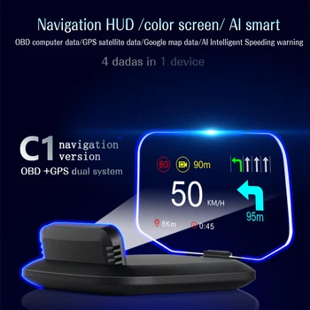 C1 Navigatsiooni Versioon HUD Peegel Auto Head Up Display Eesmise HUD OBD2 GPS-Dual-Süsteemide Spidomeeter lubatud kiiruse ületamise Hoiatus RPM Alarm