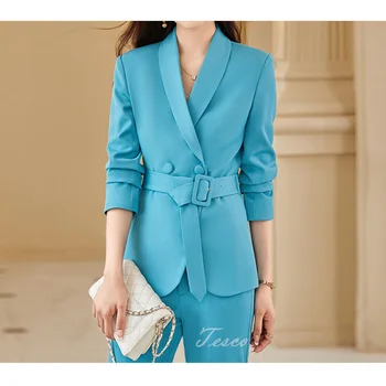 Tesco Naiste Elegantne Ülikond 2 Piece Tahke Pintsak Koos Vöö+Pliiats Püksid Ametlik Jope Office Lady Slim Fit Naiste Varustus