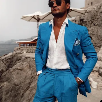 Casual Sinine Meeste Ülikonnad Saavutas Rinnamikrofon Bleiser Tasku Tuxedos 2 Tükki Jope+Pant Mood Ilus Pool Kõnniteed Ülikonnad, Komplektid, Custom Made