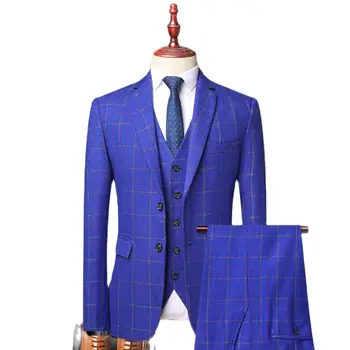 Uus Elegantne 3 Töö Meeste Ruuduline Sobib Sinine Vaadata Sobiks Disain Meeste Kõrge Kvaliteedi Mens Pulm Kostüümid trajes elegante para hombres