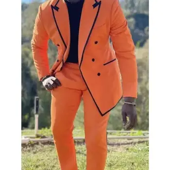 Orange Meeste Ülikonnad, 2 Tükki, Mustad Korrastamist Saavutas Rinnamikrofon Kostüüm Homme Pulmas Peigmees Kohandatud Tehtud Bleiser Komplekti