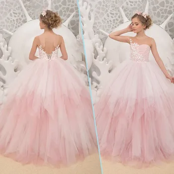 Pink Flower Girl Kleidid Pulmad Appliqued Tülli Esimene Õhtusöömaaeg Pageant Dress Väikelapse Lapsed Tagasi Avatud Sünnipäeva Hommikumantlid