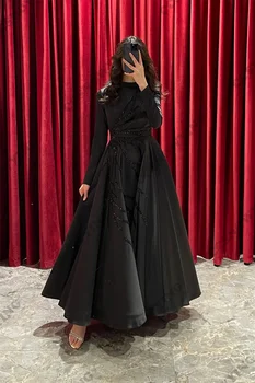 Must Satiin Beaded Pikk Varrukas Moslemi Õhtukleidid Hijab Islami Ametlik Pool Kleit Naiste Araabia Seal Kaftan Rüü De Iltamat