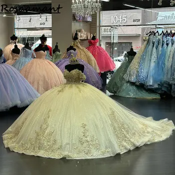 Erekollane Illusioon Glitter Crystal Ball Kleit Quinceanera Kleidid Maha Õla Appliques Pits Korsett Vestidos De 15 Aastat