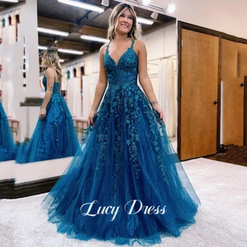 Lucy Pits Kleidid Naistele Poole Pulm Õhtul Naiste Luksuslik Kleit Võrgusilma Pikk Applique 2023 Sinine Naiste V-kaeluse Üritusi