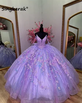 Glitter Lavendel Printsess Quinceanera Kleidid Vööri Maha Õla Litrid Õie Appliques Profileerimine Magus 15. Prom Pool