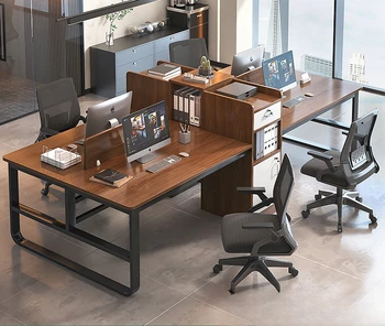 Office desk-lukk, arvuti töölaual, minimalistlik töölaud sahtlitega, laud, töötajad, kirjutuslaud ja tool kombinatsioon