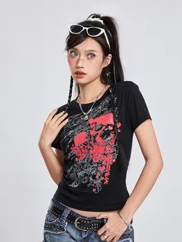 Naiste Lühikese Varrukaga T-Särgid Skull Print Meeskonna Kaela Särgid Suvel Vabaaja Slim Fit Tops Streetwear