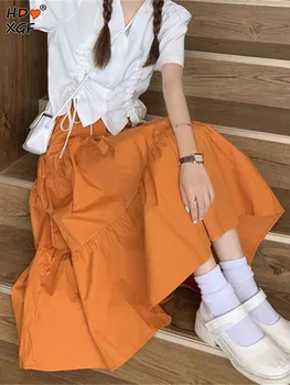 Primavera Plisseeritud Orange Magus Kook Seelik Naistele korea Fashion Elastne Kõrge Vöökoht-line Seelik Lihtne Lahti Kawaii Seelik
