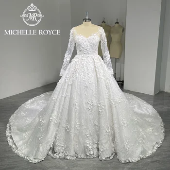 Michelle Royce Ekstravagantne Ball Kleit Pulm Kleit 2024 Kullake 3D Lilled Nuppu Pikkade Varrukatega Pulm Kleit Vestidos De Novia