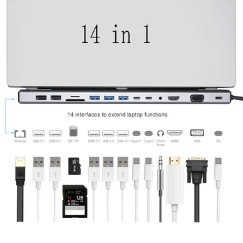 11/12/14-in-1 Tüüp C Dokk USB-C-Hub 3.0 Splitter Multiport Adapter 4K HDMI, RJ45 SD/TF VGA HDMI PD Sülearvuti MacBook, iPad Xiaomi